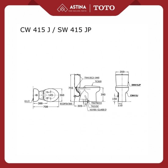 Kloset Duduk TOTO CW415JW/F Tutup TC505 Jarak As 30cm