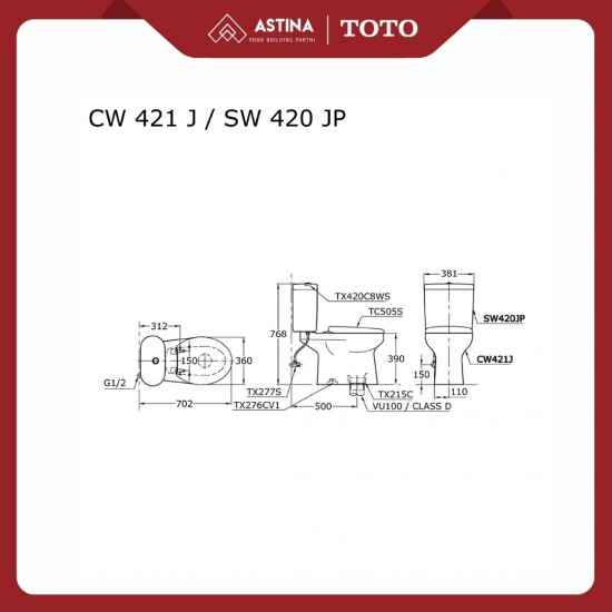 50cm Kloset Duduk TOTO CW421JW/F Tutup TC505S